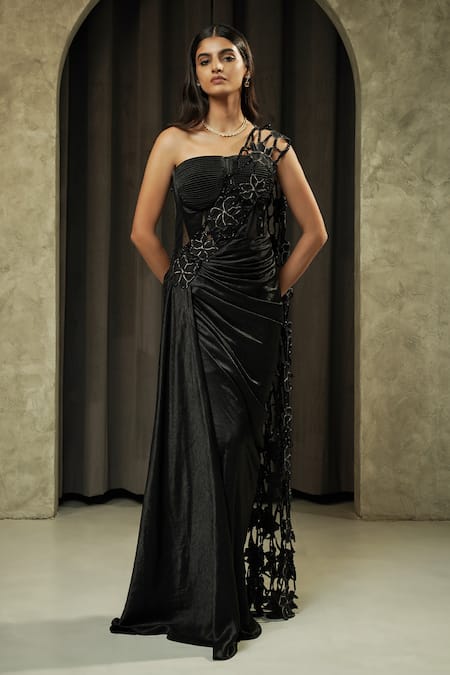 Muskan Aggarwal_Black Satin, Silk Embroidery, Crystals, Beads, Cut Noir Dori And Saree Gown _Online_at_Aza_Fashions