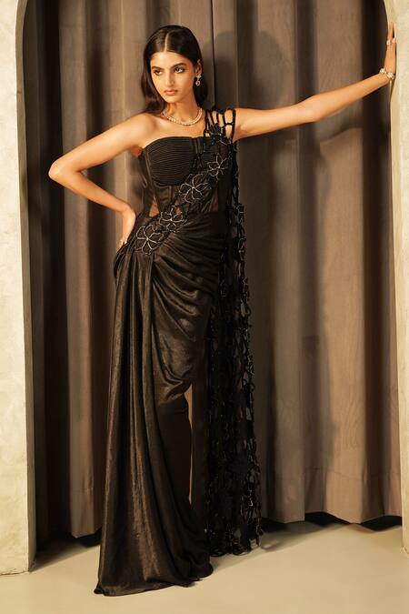 Buy_Muskan Aggarwal_Black Satin, Silk Embroidery, Crystals, Beads, Cut Noir Dori And Saree Gown _Online_at_Aza_Fashions