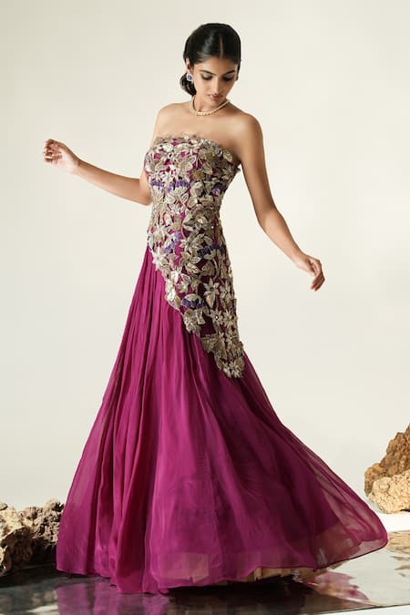 Muskan Aggarwal_Wine Net, Organza Embroidery, Zari, Mirrors, Vione Asymmetric Top And Lehenga Set _Online_at_Aza_Fashions