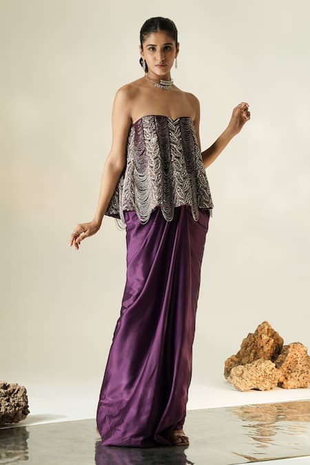 Buy_Muskan Aggarwal_Purple Satin, Silk Tassels, Mirrors, Azmera Peplum Top And Draped Skirt Set _Online_at_Aza_Fashions