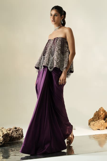 Shop_Muskan Aggarwal_Purple Satin, Silk Tassels, Mirrors, Azmera Peplum Top And Draped Skirt Set _Online_at_Aza_Fashions