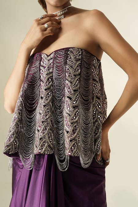 Muskan Aggarwal_Purple Satin, Silk Tassels, Mirrors, Azmera Peplum Top And Draped Skirt Set _at_Aza_Fashions