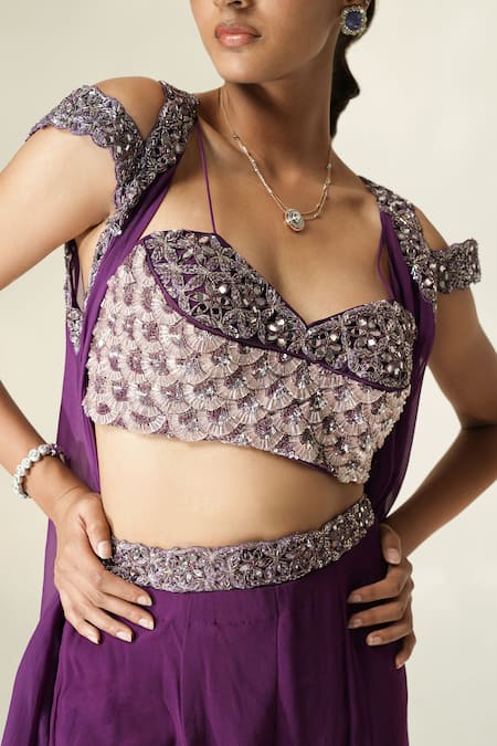 Muskan Aggarwal_Purple Organza, Net, Georgette Mirrors, Crystals, Miray Cape Palazzo Set _Online_at_Aza_Fashions