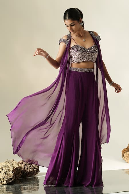 Buy_Muskan Aggarwal_Purple Organza, Net, Georgette Mirrors, Crystals, Miray Cape Palazzo Set _Online_at_Aza_Fashions