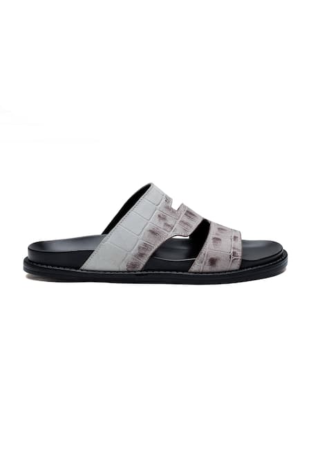 Shutiq_Black Crocodile Texture Leather S Slides _Online_at_Aza_Fashions
