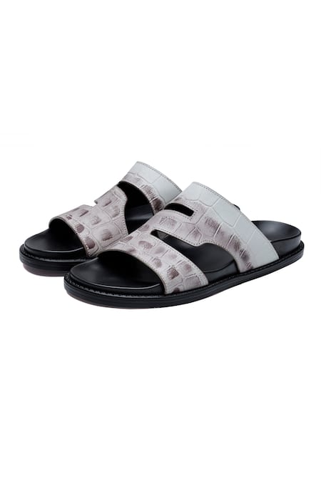 Buy_Shutiq_Black Crocodile Texture Leather S Slides _Online_at_Aza_Fashions