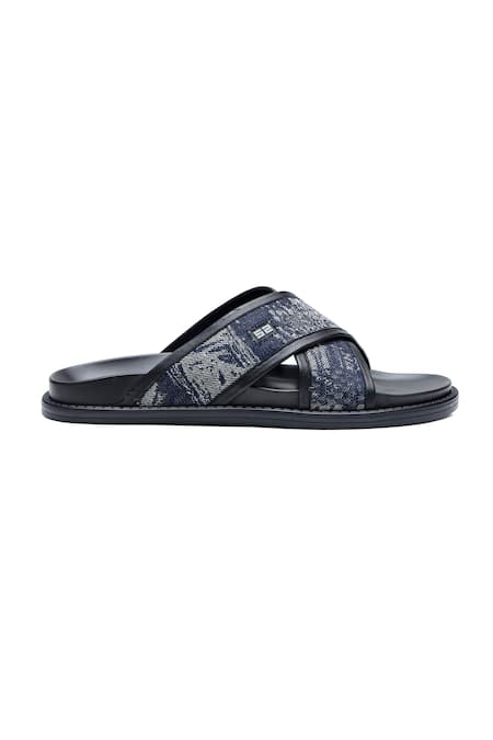 Shutiq_Navy Kiki Denim And Leather Cross Strap Slides _Online_at_Aza_Fashions
