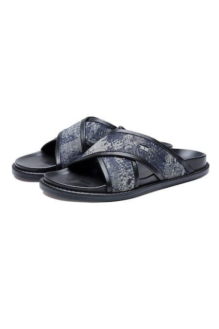 Buy_Shutiq_Navy Kiki Denim And Leather Cross Strap Slides _Online_at_Aza_Fashions