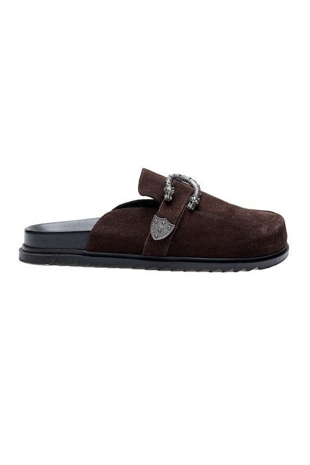 Shutiq_Brown Buckles Knight Suede Slip On Mules _Online_at_Aza_Fashions