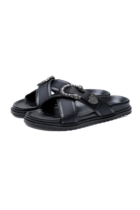 Shutiq_Black Buckles Knight Criss Cross Strap Slides _Online_at_Aza_Fashions