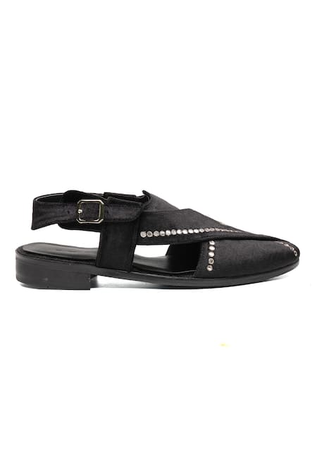 Shutiq_Black Mirrors, Studs Avsar Velvet Geometric Embellished Sandals _Online_at_Aza_Fashions