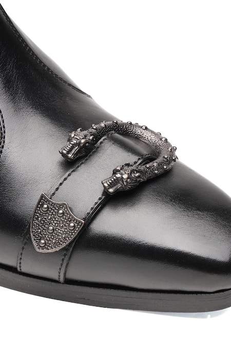 Shutiq_Black Buckles, Studs Knight Leather Zip Up Boots _Online_at_Aza_Fashions
