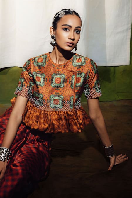 Siddhartha Bansal_Multi Color Silk, Satin Embroidery Round Neck Printed Top And Draped Skirt Set _Online_at_Aza_Fashions