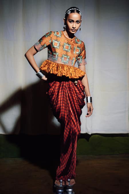 Buy_Siddhartha Bansal_Multi Color Silk, Satin Embroidery Round Neck Printed Top And Draped Skirt Set _Online_at_Aza_Fashions