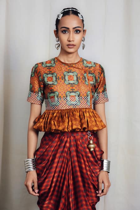 Shop_Siddhartha Bansal_Multi Color Silk, Satin Embroidery Round Neck Printed Top And Draped Skirt Set _Online_at_Aza_Fashions