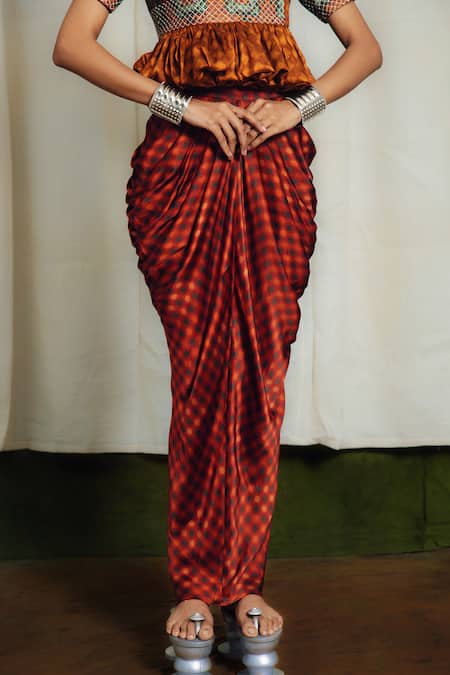 Siddhartha Bansal_Multi Color Silk, Satin Embroidery Round Neck Printed Top And Draped Skirt Set _at_Aza_Fashions