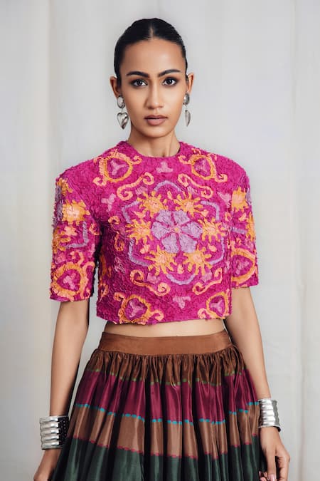 Shop_Siddhartha Bansal_Pink Cotton, Silk Embroidery Round Neck Peacock Printed Top And Skirt Set _Online_at_Aza_Fashions