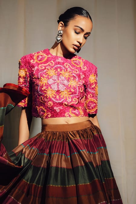 Siddhartha Bansal_Pink Cotton, Silk Embroidery Round Neck Peacock Printed Top And Skirt Set _at_Aza_Fashions