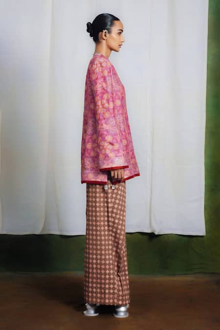 Siddhartha Bansal_Pink Silk, Cotton Embroidery V-neck Farah Embllished Kurta And Pant Set _Online_at_Aza_Fashions
