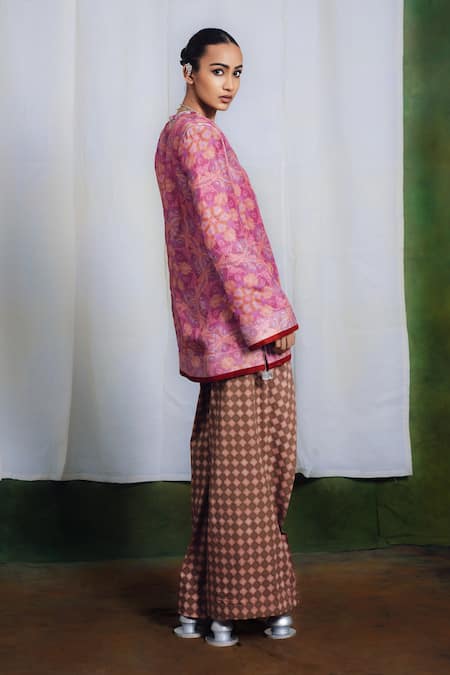 Shop_Siddhartha Bansal_Pink Silk, Cotton Embroidery V-neck Farah Embllished Kurta And Pant Set _Online_at_Aza_Fashions