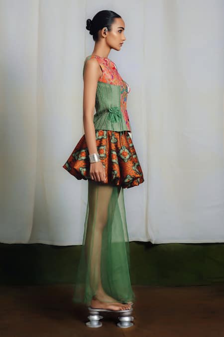 Siddhartha Bansal_Pink Chanderi Silk, Silk, Organza Embroidery Boat Neck Printed Peplum Top Set _Online_at_Aza_Fashions