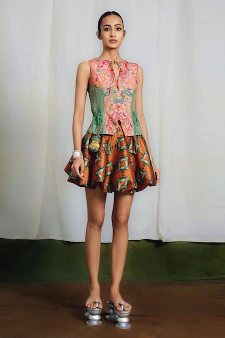 Buy_Siddhartha Bansal_Pink Chanderi Silk, Silk, Organza Embroidery Boat Neck Printed Peplum Top Set _Online_at_Aza_Fashions