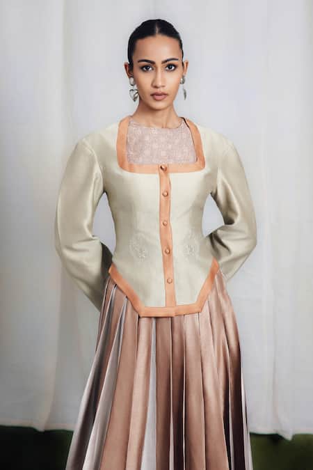 Siddhartha Bansal_Multi Color Silk, Chanderi Embroidery Square Garasia Shirt And Pleated Skirt Set _Online_at_Aza_Fashions