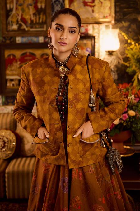 Siddhartha Bansal_Brown Linen, Satin High Neck Amber Jacket With Bubble Skirt _Online_at_Aza_Fashions