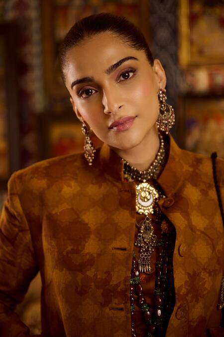Buy_Siddhartha Bansal_Brown Linen, Satin High Neck Amber Jacket With Bubble Skirt _Online_at_Aza_Fashions