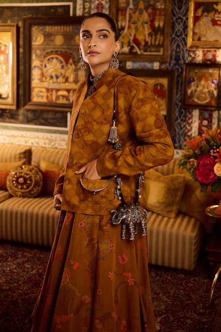 Shop_Siddhartha Bansal_Brown Linen, Satin High Neck Amber Jacket With Bubble Skirt _Online_at_Aza_Fashions