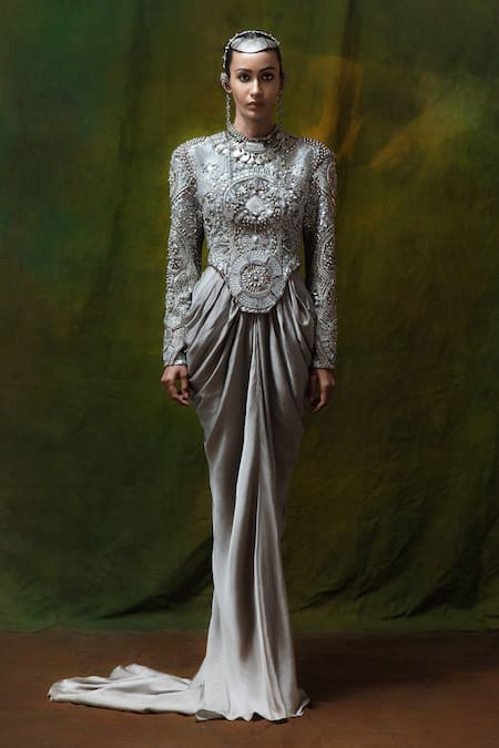 Siddhartha Bansal_Gray Silk, Satin Beads, Sequins Round Neck, Lambani Jacket With Cowl Dress _Online_at_Aza_Fashions