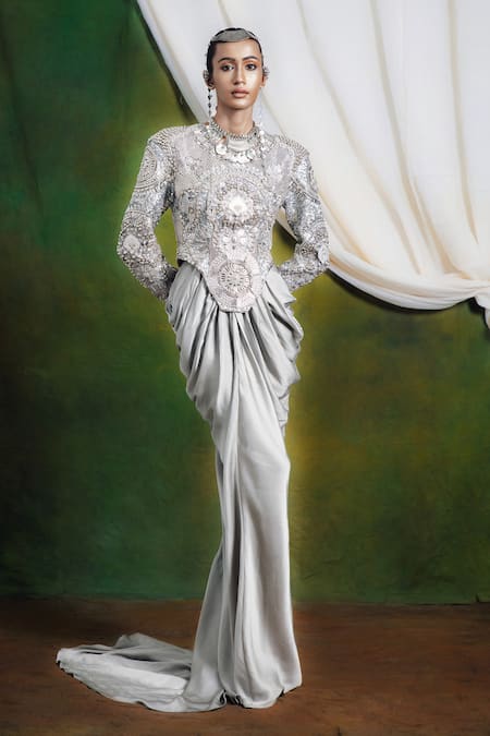 Shop_Siddhartha Bansal_Gray Silk, Satin Beads, Sequins Round Neck, Lambani Jacket With Cowl Dress _Online_at_Aza_Fashions
