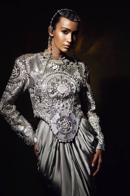 Siddhartha Bansal_Gray Silk, Satin Beads, Sequins Round Neck, Lambani Jacket With Cowl Dress _at_Aza_Fashions