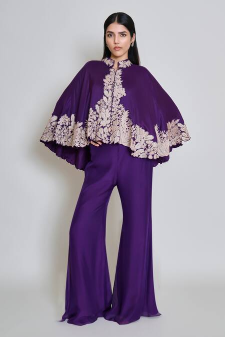 Mishru_Purple Organza Mandarin Collar, Round Neck Kalie Embroidered Cape Pant Set _Online_at_Aza_Fashions
