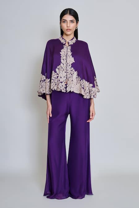 Buy_Mishru_Purple Organza Mandarin Collar, Round Neck Kalie Embroidered Cape Pant Set _Online_at_Aza_Fashions