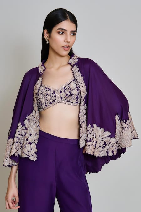 Mishru_Purple Organza Mandarin Collar, Round Neck Kalie Embroidered Cape Pant Set _at_Aza_Fashions