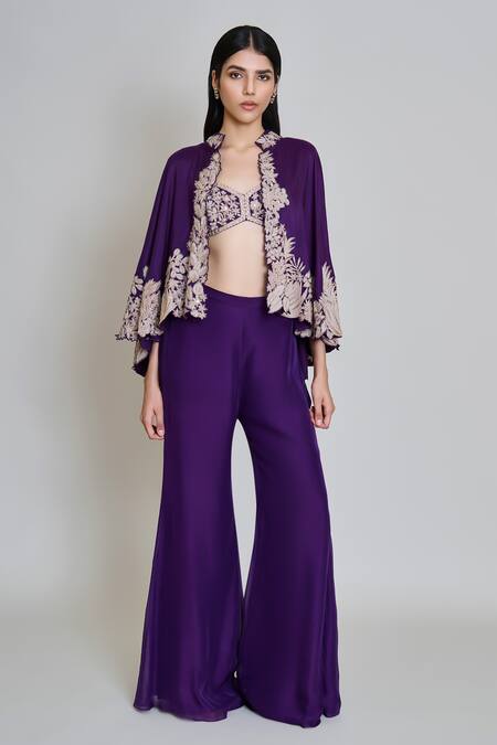 Buy_Mishru_Purple Organza Mandarin Collar, Round Neck Kalie Embroidered Cape Pant Set 