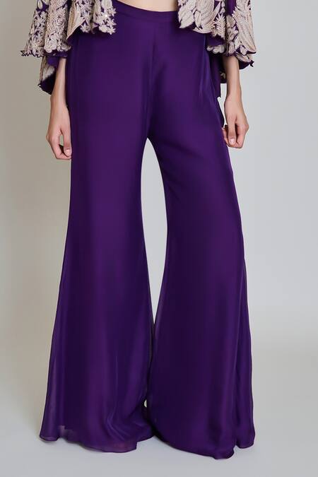 Shop_Mishru_Purple Organza Mandarin Collar, Round Neck Kalie Embroidered Cape Pant Set 