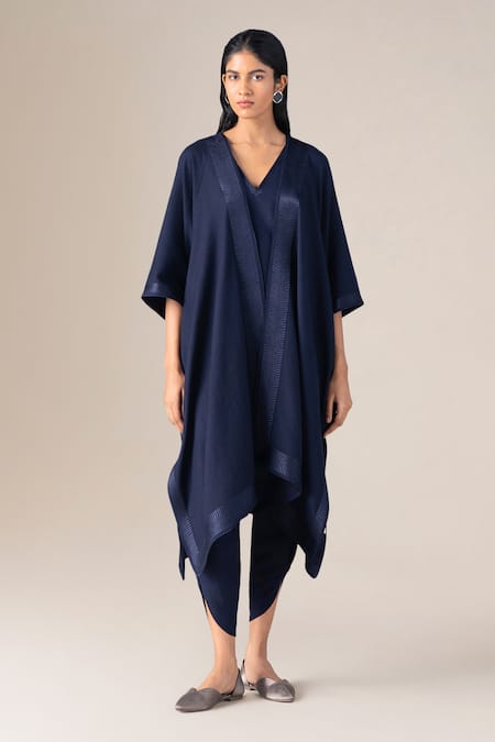 Ampm_Navy V-neck Adarah Resham Bordered Cape _Online_at_Aza_Fashions