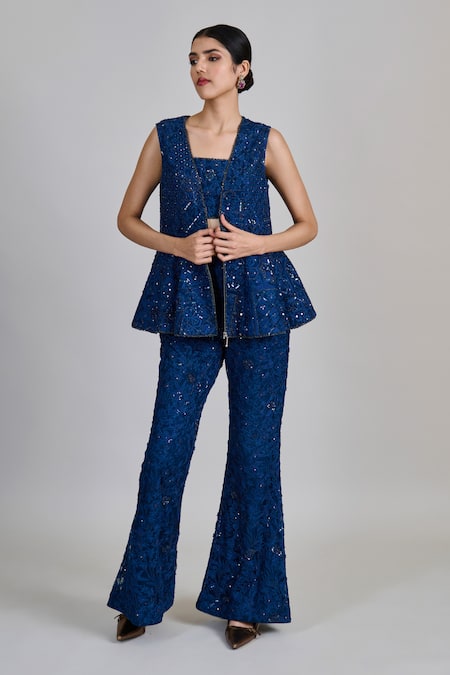 Mishru_Blue Tulle Sequins, Beads, Embroidery Open Neck, Liora Peplum Jacket Pant Set _Online_at_Aza_Fashions