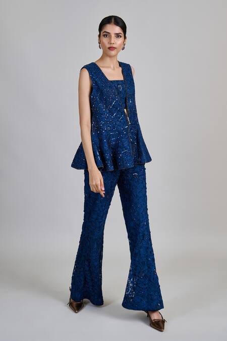 Buy_Mishru_Blue Tulle Sequins, Beads, Embroidery Open Neck, Liora Peplum Jacket Pant Set _Online_at_Aza_Fashions