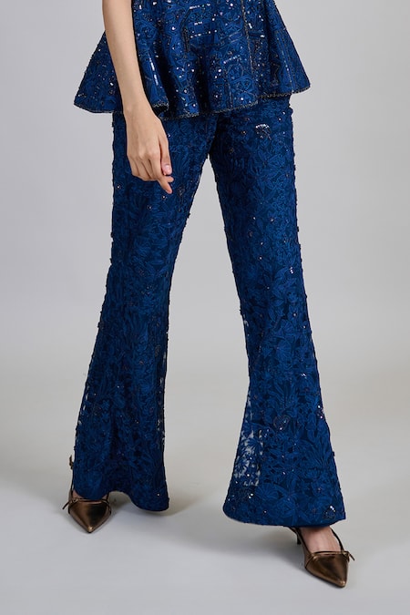 Shop_Mishru_Blue Tulle Sequins, Beads, Embroidery Open Neck, Liora Peplum Jacket Pant Set _Online_at_Aza_Fashions