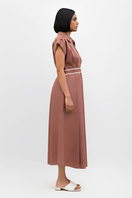 Shop_Neora By Nehal Chopra_Red Twill Collared, V-neck Placement Embroidered Skater Dress _Online_at_Aza_Fashions