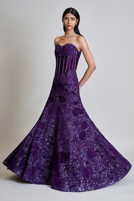 Mishru_Purple Tulle, Organza Applique, Carmine Embroidered Corset And Lehenga Set _Online_at_Aza_Fashions