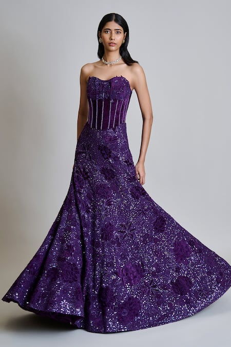 Buy_Mishru_Purple Tulle, Organza Applique, Carmine Embroidered Corset And Lehenga Set _Online_at_Aza_Fashions
