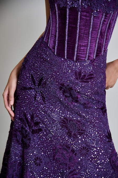 Mishru_Purple Tulle, Organza Applique, Carmine Embroidered Corset And Lehenga Set _at_Aza_Fashions