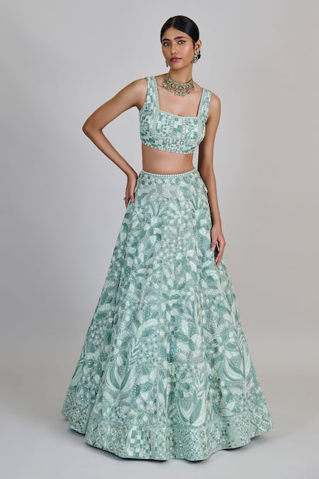 Mishru_Blue Organza, Tulle Sequins, Embroidery Square Neck Emeris Lehenga Set _Online_at_Aza_Fashions