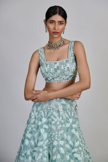 Buy_Mishru_Blue Organza, Tulle Sequins, Embroidery Square Neck Emeris Lehenga Set _Online_at_Aza_Fashions
