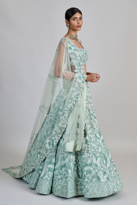 Shop_Mishru_Blue Organza, Tulle Sequins, Embroidery Square Neck Emeris Lehenga Set _Online_at_Aza_Fashions