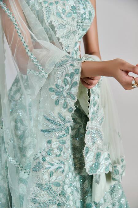 Buy_Mishru_Blue Organza, Tulle Sequins, Embroidery Square Neck Emeris Lehenga Set 